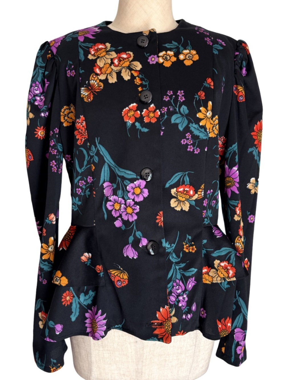 VTG 70S Black Colorful floral Long Butterfly Sleeve Peplum Front Button Top